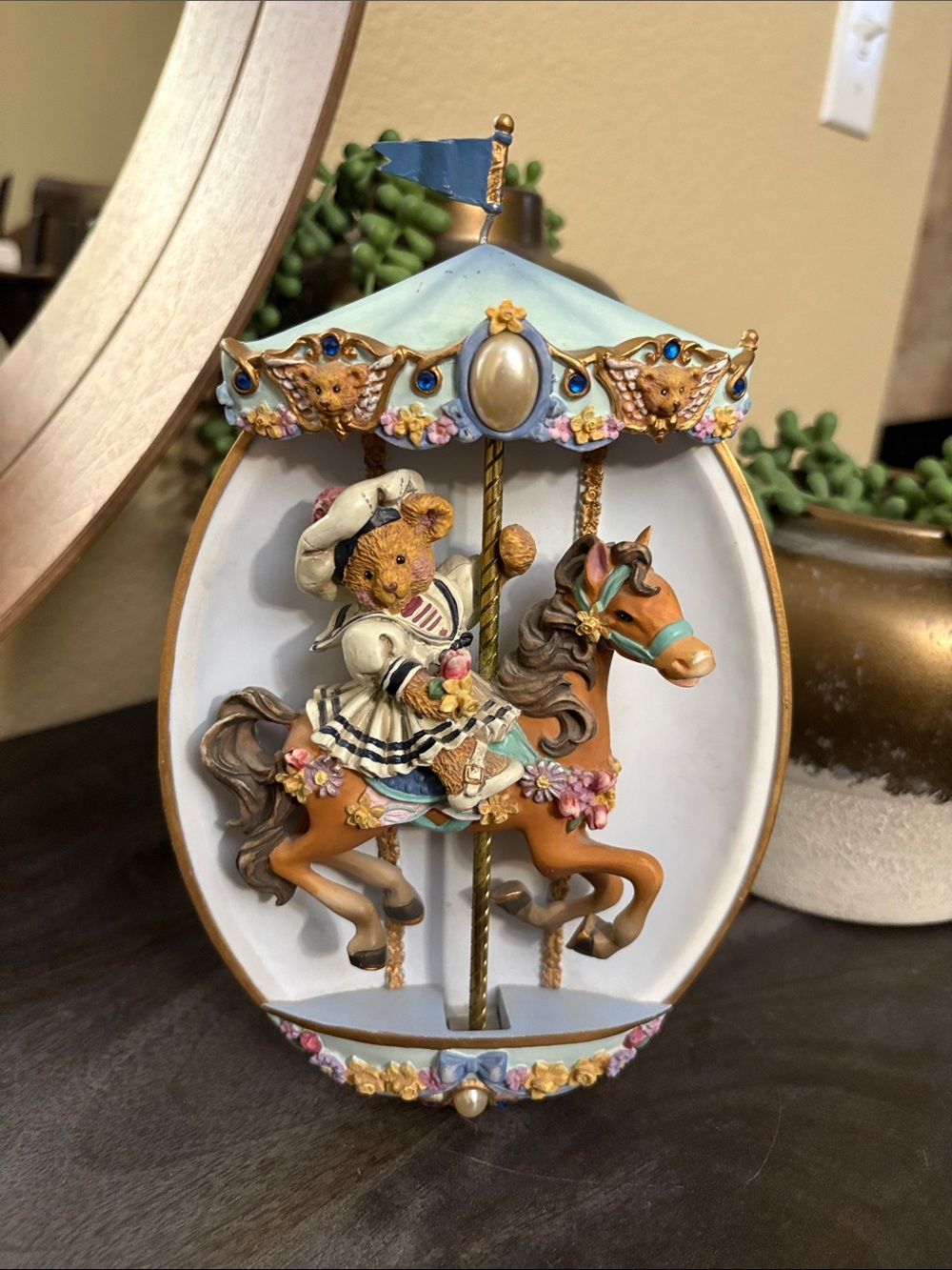 Carousel Bear Figurine in Pastel Blue and Gold